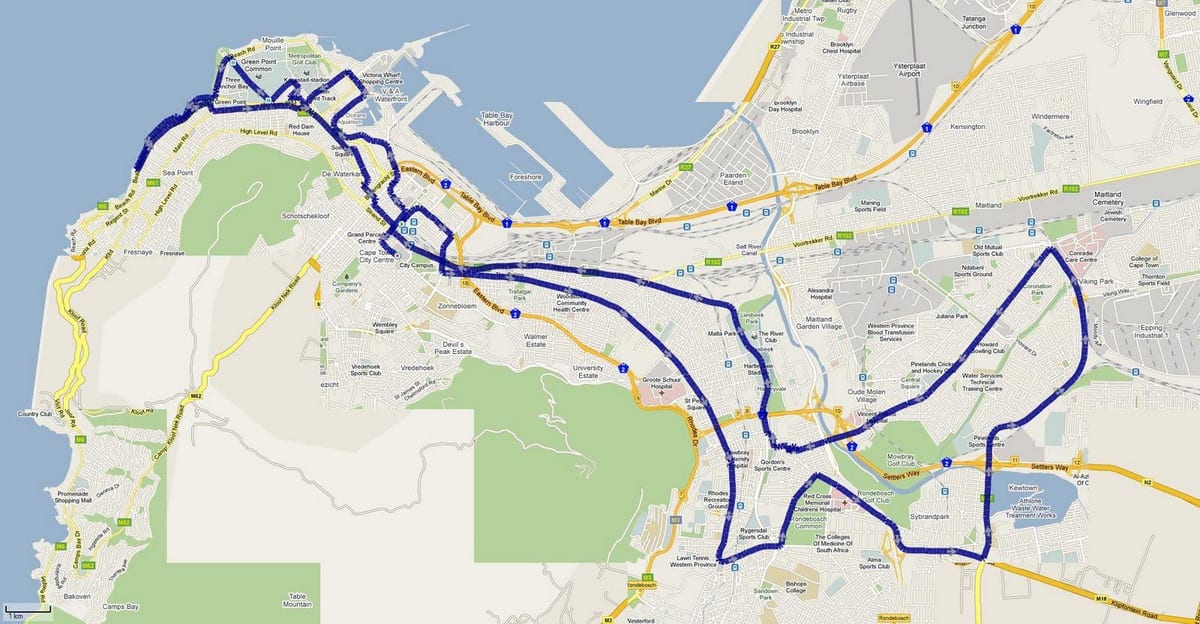 peta dari Cape Town rute marathon 