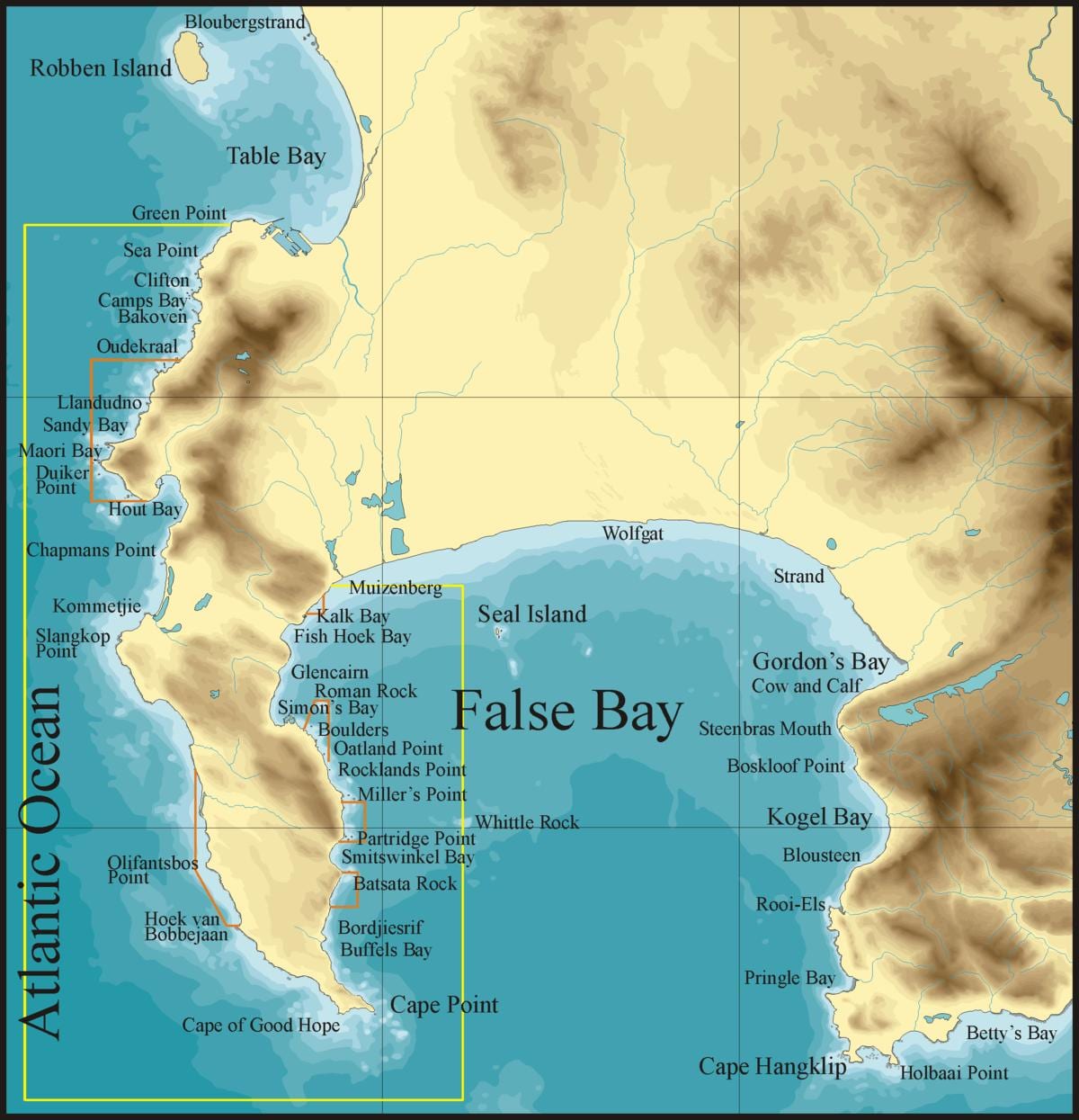 peta dari false bay di Cape Town
